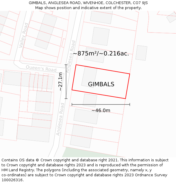 GIMBALS, ANGLESEA ROAD, WIVENHOE, COLCHESTER, CO7 9JS: Plot and title map