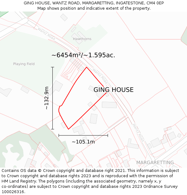 GING HOUSE, WANTZ ROAD, MARGARETTING, INGATESTONE, CM4 0EP: Plot and title map