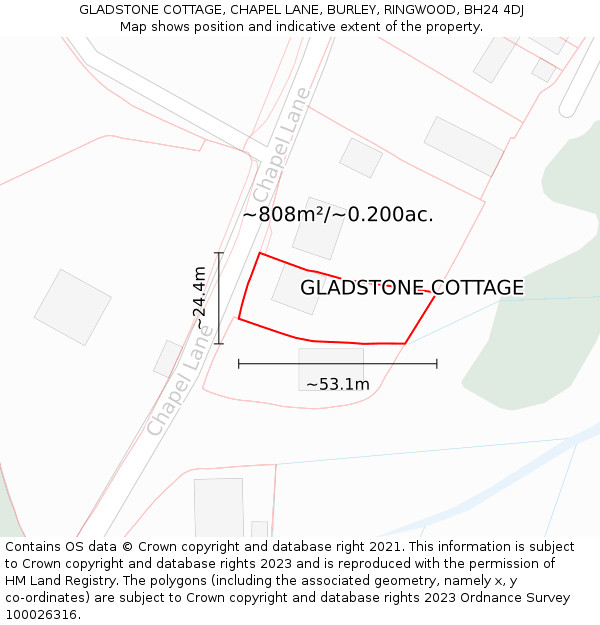 GLADSTONE COTTAGE, CHAPEL LANE, BURLEY, RINGWOOD, BH24 4DJ: Plot and title map