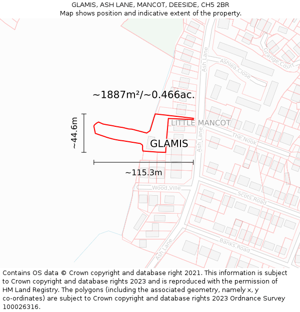 GLAMIS, ASH LANE, MANCOT, DEESIDE, CH5 2BR: Plot and title map