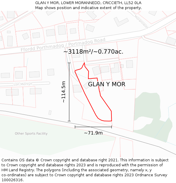 GLAN Y MOR, LOWER MORANNEDD, CRICCIETH, LL52 0LA: Plot and title map