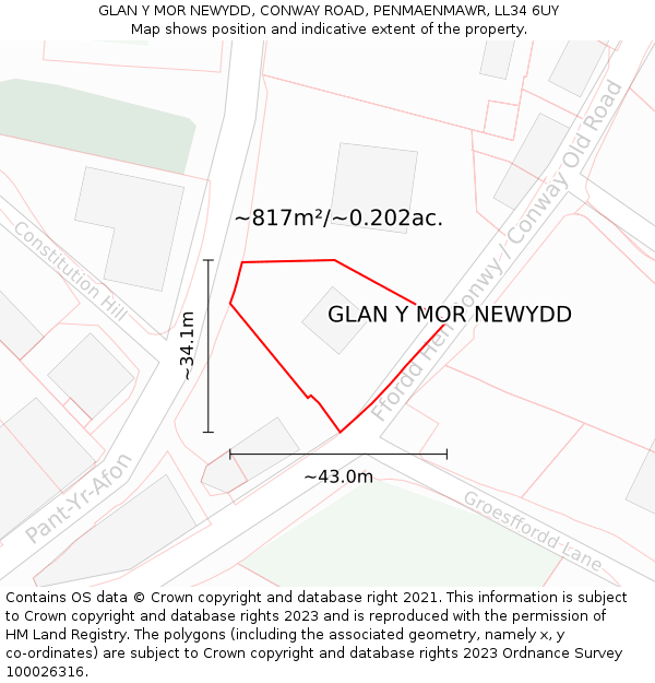 GLAN Y MOR NEWYDD, CONWAY ROAD, PENMAENMAWR, LL34 6UY: Plot and title map