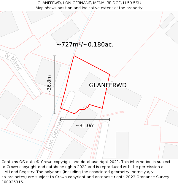 GLANFFRWD, LON GERNANT, MENAI BRIDGE, LL59 5SU: Plot and title map