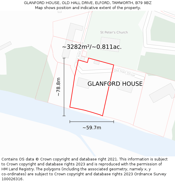 GLANFORD HOUSE, OLD HALL DRIVE, ELFORD, TAMWORTH, B79 9BZ: Plot and title map