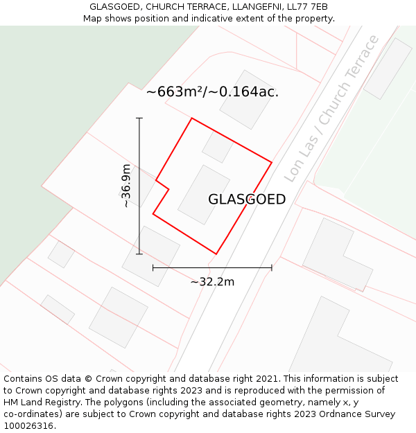 GLASGOED, CHURCH TERRACE, LLANGEFNI, LL77 7EB: Plot and title map