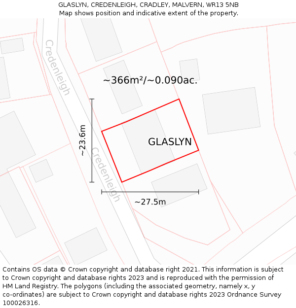 GLASLYN, CREDENLEIGH, CRADLEY, MALVERN, WR13 5NB: Plot and title map