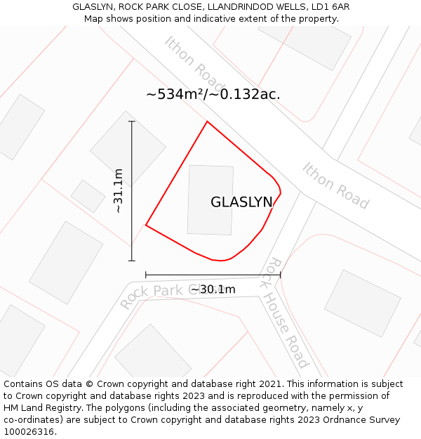 GLASLYN, ROCK PARK CLOSE, LLANDRINDOD WELLS, LD1 6AR: Plot and title map