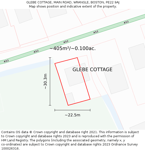 GLEBE COTTAGE, MAIN ROAD, WRANGLE, BOSTON, PE22 9AJ: Plot and title map