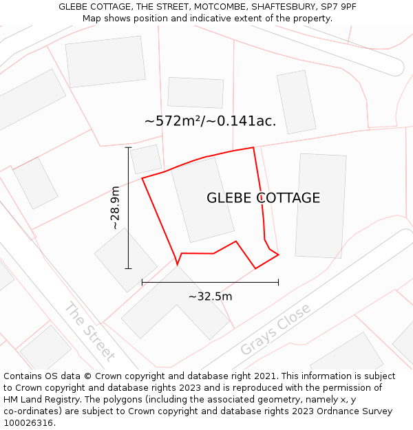 GLEBE COTTAGE, THE STREET, MOTCOMBE, SHAFTESBURY, SP7 9PF: Plot and title map