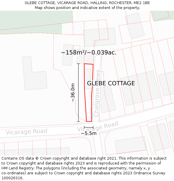 GLEBE COTTAGE, VICARAGE ROAD, HALLING, ROCHESTER, ME2 1BE: Plot and title map