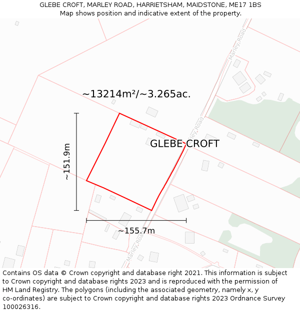 GLEBE CROFT, MARLEY ROAD, HARRIETSHAM, MAIDSTONE, ME17 1BS: Plot and title map
