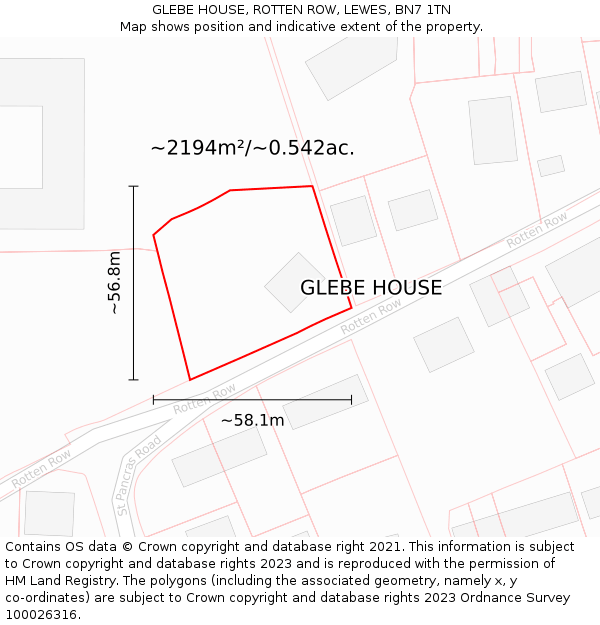 GLEBE HOUSE, ROTTEN ROW, LEWES, BN7 1TN: Plot and title map