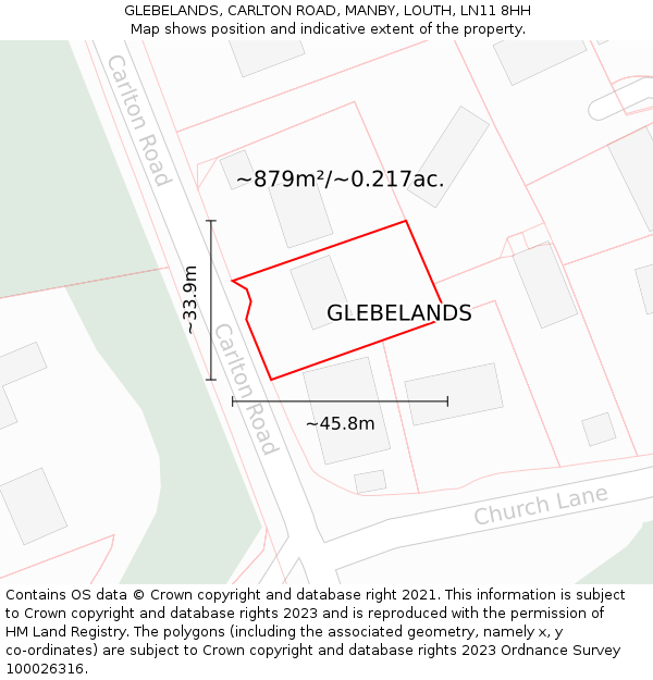 GLEBELANDS, CARLTON ROAD, MANBY, LOUTH, LN11 8HH: Plot and title map