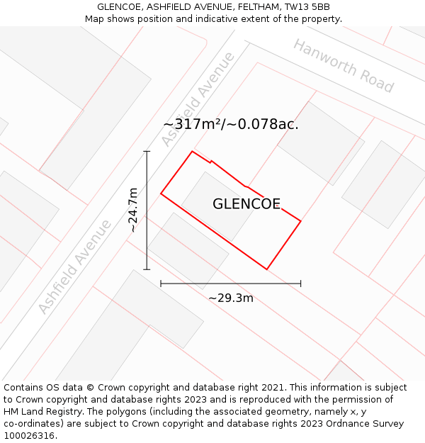 GLENCOE, ASHFIELD AVENUE, FELTHAM, TW13 5BB: Plot and title map