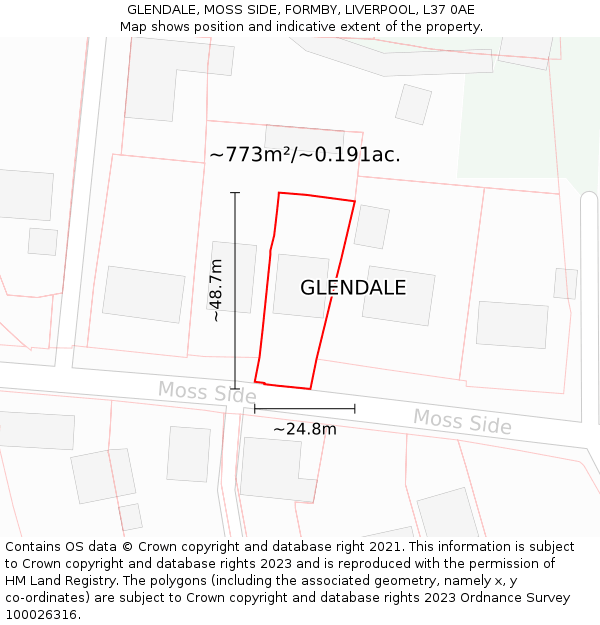 GLENDALE, MOSS SIDE, FORMBY, LIVERPOOL, L37 0AE: Plot and title map