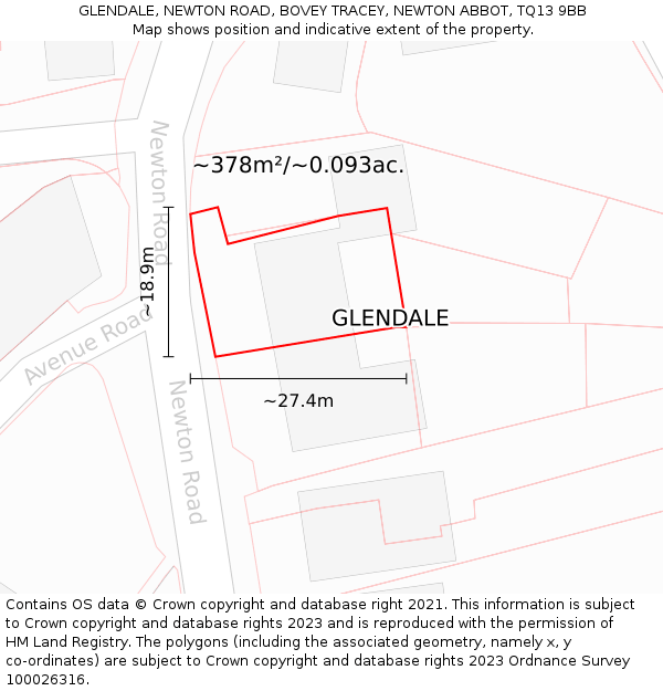 GLENDALE, NEWTON ROAD, BOVEY TRACEY, NEWTON ABBOT, TQ13 9BB: Plot and title map