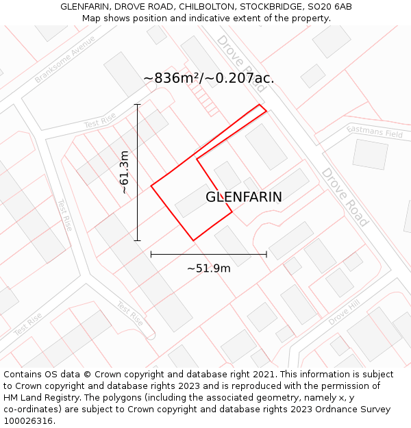 GLENFARIN, DROVE ROAD, CHILBOLTON, STOCKBRIDGE, SO20 6AB: Plot and title map