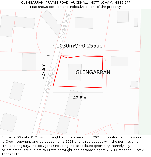GLENGARRAN, PRIVATE ROAD, HUCKNALL, NOTTINGHAM, NG15 6PP: Plot and title map