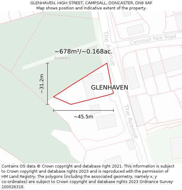 GLENHAVEN, HIGH STREET, CAMPSALL, DONCASTER, DN6 9AF: Plot and title map