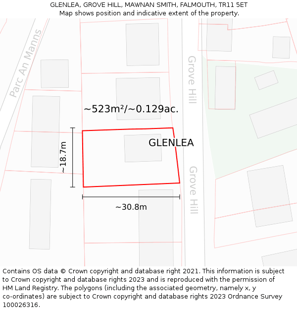 GLENLEA, GROVE HILL, MAWNAN SMITH, FALMOUTH, TR11 5ET: Plot and title map