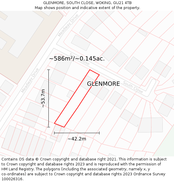 GLENMORE, SOUTH CLOSE, WOKING, GU21 4TB: Plot and title map