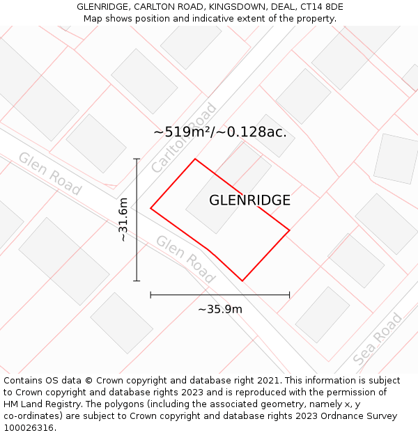 GLENRIDGE, CARLTON ROAD, KINGSDOWN, DEAL, CT14 8DE: Plot and title map