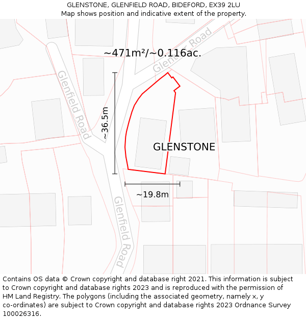 GLENSTONE, GLENFIELD ROAD, BIDEFORD, EX39 2LU: Plot and title map