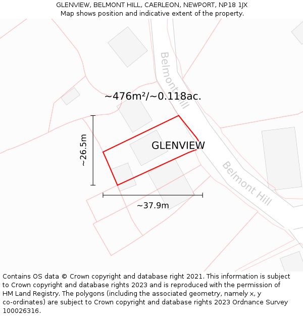 GLENVIEW, BELMONT HILL, CAERLEON, NEWPORT, NP18 1JX: Plot and title map