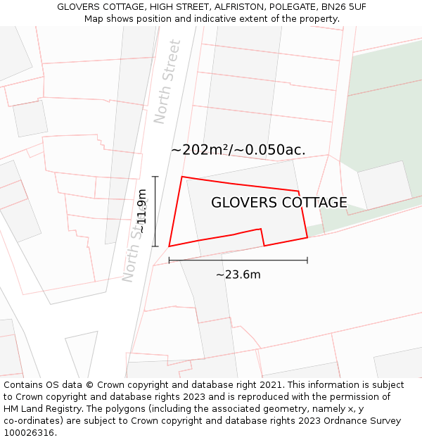 GLOVERS COTTAGE, HIGH STREET, ALFRISTON, POLEGATE, BN26 5UF: Plot and title map