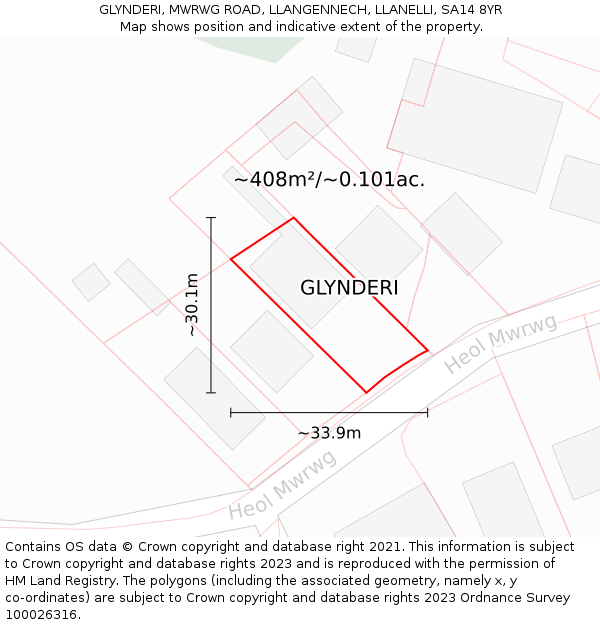 GLYNDERI, MWRWG ROAD, LLANGENNECH, LLANELLI, SA14 8YR: Plot and title map