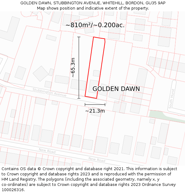 GOLDEN DAWN, STUBBINGTON AVENUE, WHITEHILL, BORDON, GU35 9AP: Plot and title map