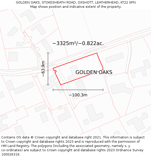 GOLDEN OAKS, STOKESHEATH ROAD, OXSHOTT, LEATHERHEAD, KT22 0PN: Plot and title map