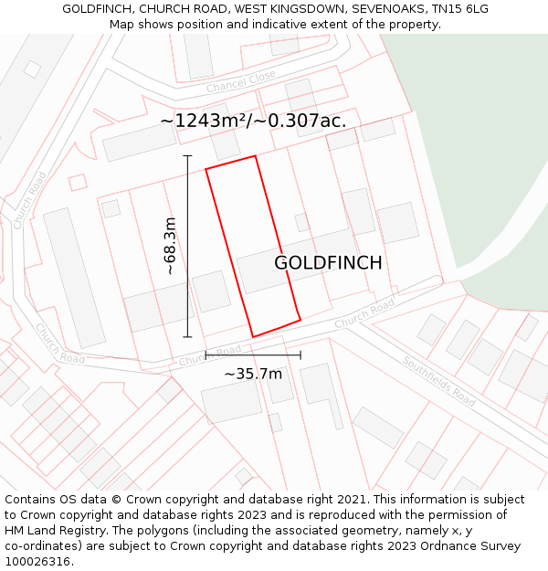 GOLDFINCH, CHURCH ROAD, WEST KINGSDOWN, SEVENOAKS, TN15 6LG: Plot and title map