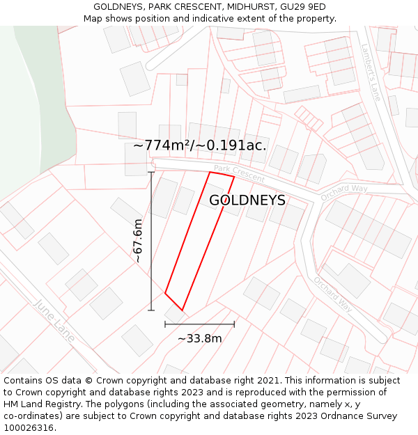 GOLDNEYS, PARK CRESCENT, MIDHURST, GU29 9ED: Plot and title map