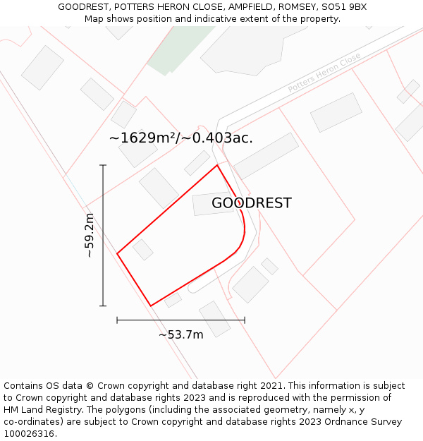 GOODREST, POTTERS HERON CLOSE, AMPFIELD, ROMSEY, SO51 9BX: Plot and title map