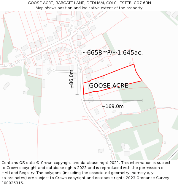 GOOSE ACRE, BARGATE LANE, DEDHAM, COLCHESTER, CO7 6BN: Plot and title map