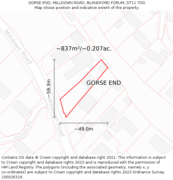 GORSE END, MILLDOWN ROAD, BLANDFORD FORUM, DT11 7DD: Plot and title map