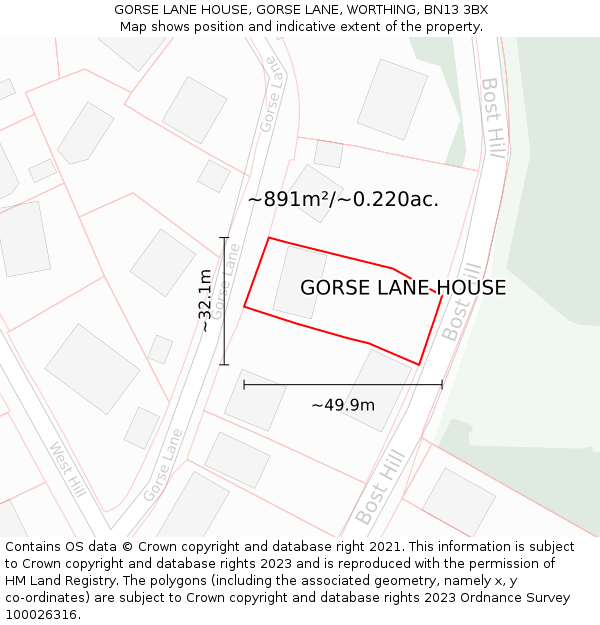 GORSE LANE HOUSE, GORSE LANE, WORTHING, BN13 3BX: Plot and title map