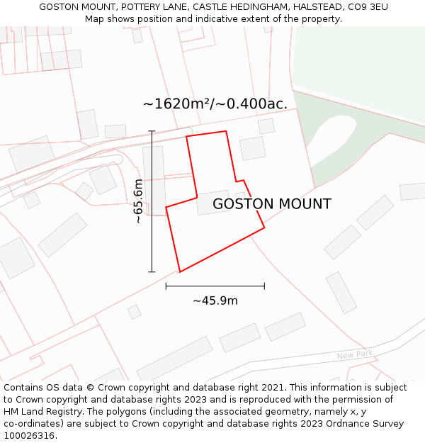 GOSTON MOUNT, POTTERY LANE, CASTLE HEDINGHAM, HALSTEAD, CO9 3EU: Plot and title map