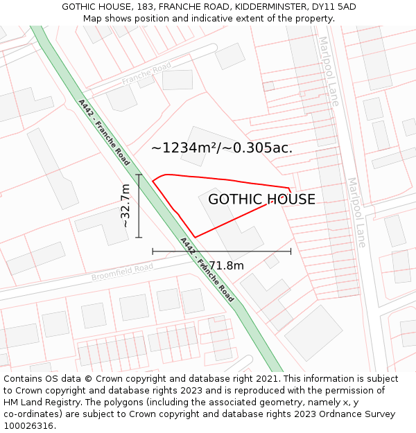 GOTHIC HOUSE, 183, FRANCHE ROAD, KIDDERMINSTER, DY11 5AD: Plot and title map