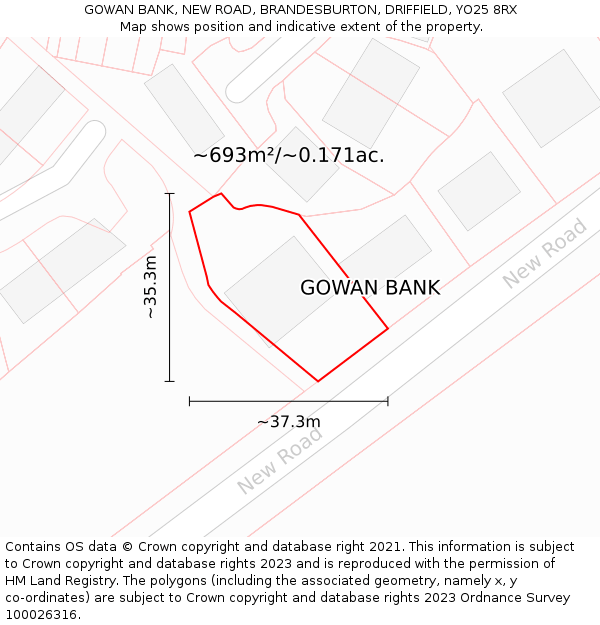 GOWAN BANK, NEW ROAD, BRANDESBURTON, DRIFFIELD, YO25 8RX: Plot and title map