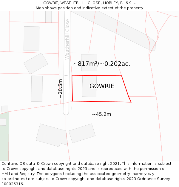 GOWRIE, WEATHERHILL CLOSE, HORLEY, RH6 9LU: Plot and title map