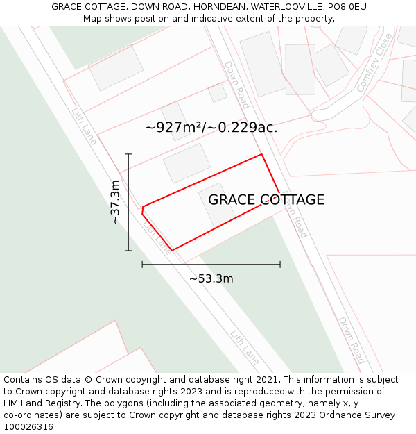 GRACE COTTAGE, DOWN ROAD, HORNDEAN, WATERLOOVILLE, PO8 0EU: Plot and title map