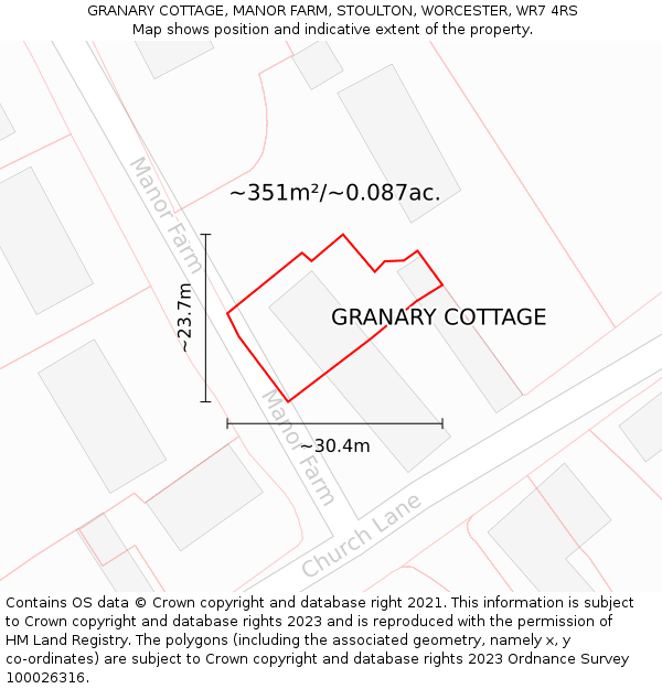 GRANARY COTTAGE, MANOR FARM, STOULTON, WORCESTER, WR7 4RS: Plot and title map