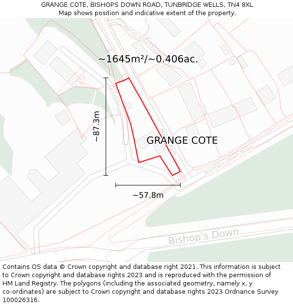 GRANGE COTE, BISHOPS DOWN ROAD, TUNBRIDGE WELLS, TN4 8XL: Plot and title map