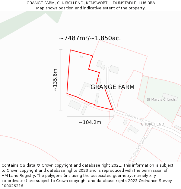 GRANGE FARM, CHURCH END, KENSWORTH, DUNSTABLE, LU6 3RA: Plot and title map