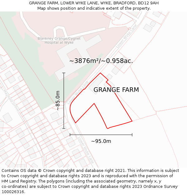 GRANGE FARM, LOWER WYKE LANE, WYKE, BRADFORD, BD12 9AH: Plot and title map