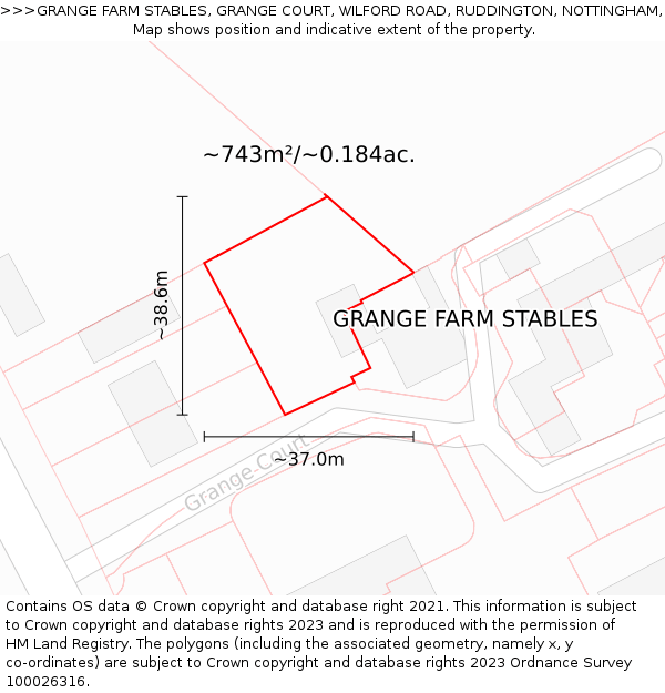 GRANGE FARM STABLES, GRANGE COURT, WILFORD ROAD, RUDDINGTON, NOTTINGHAM, NG11 6NB: Plot and title map