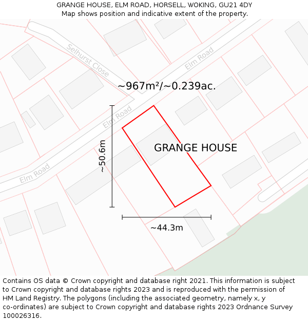 GRANGE HOUSE, ELM ROAD, HORSELL, WOKING, GU21 4DY: Plot and title map