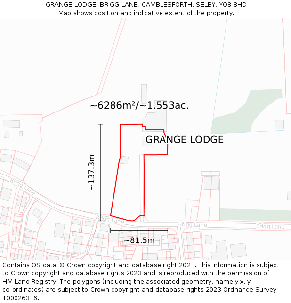 GRANGE LODGE, BRIGG LANE, CAMBLESFORTH, SELBY, YO8 8HD: Plot and title map